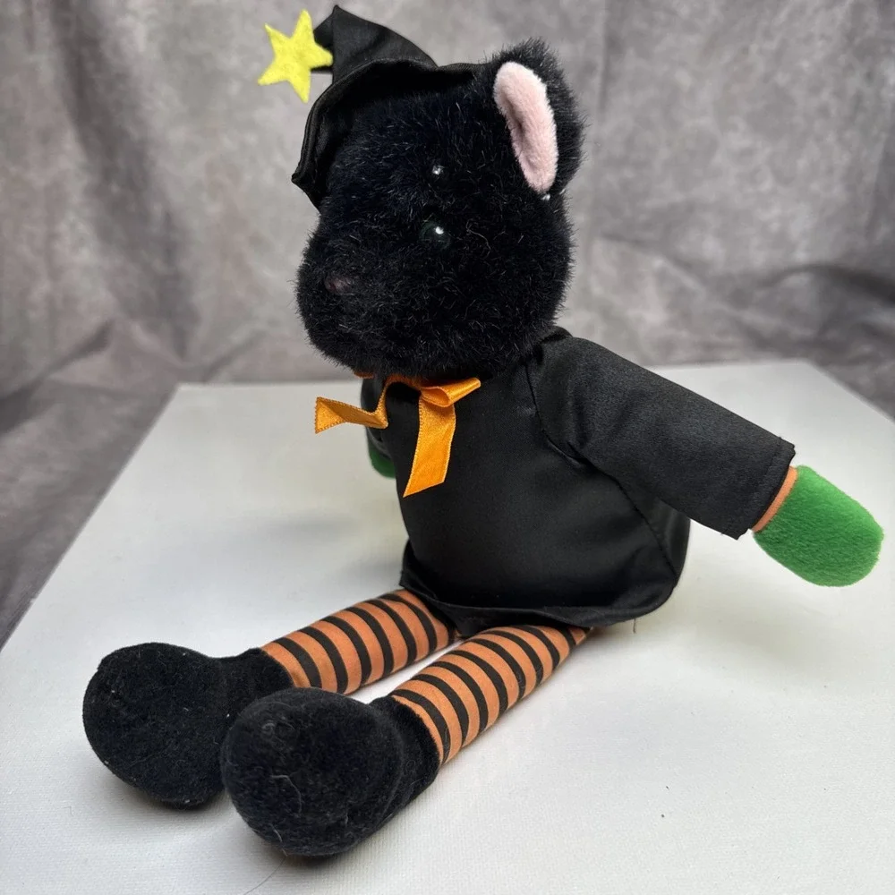 Vtg '91 Black Cat Witch Halloween Plush Shelf Sitter Doll 12